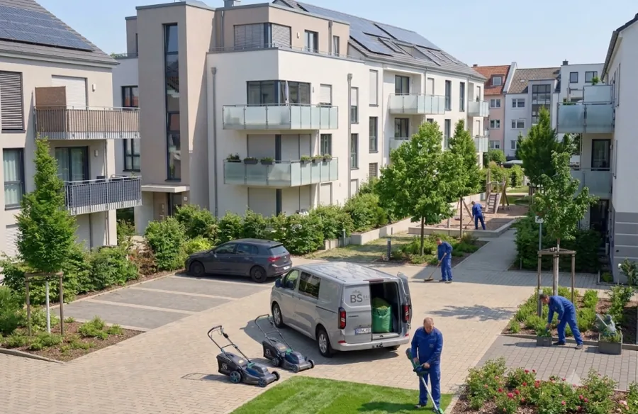 Mitarbeiter bei der Außenpflege einer Wohnanlage